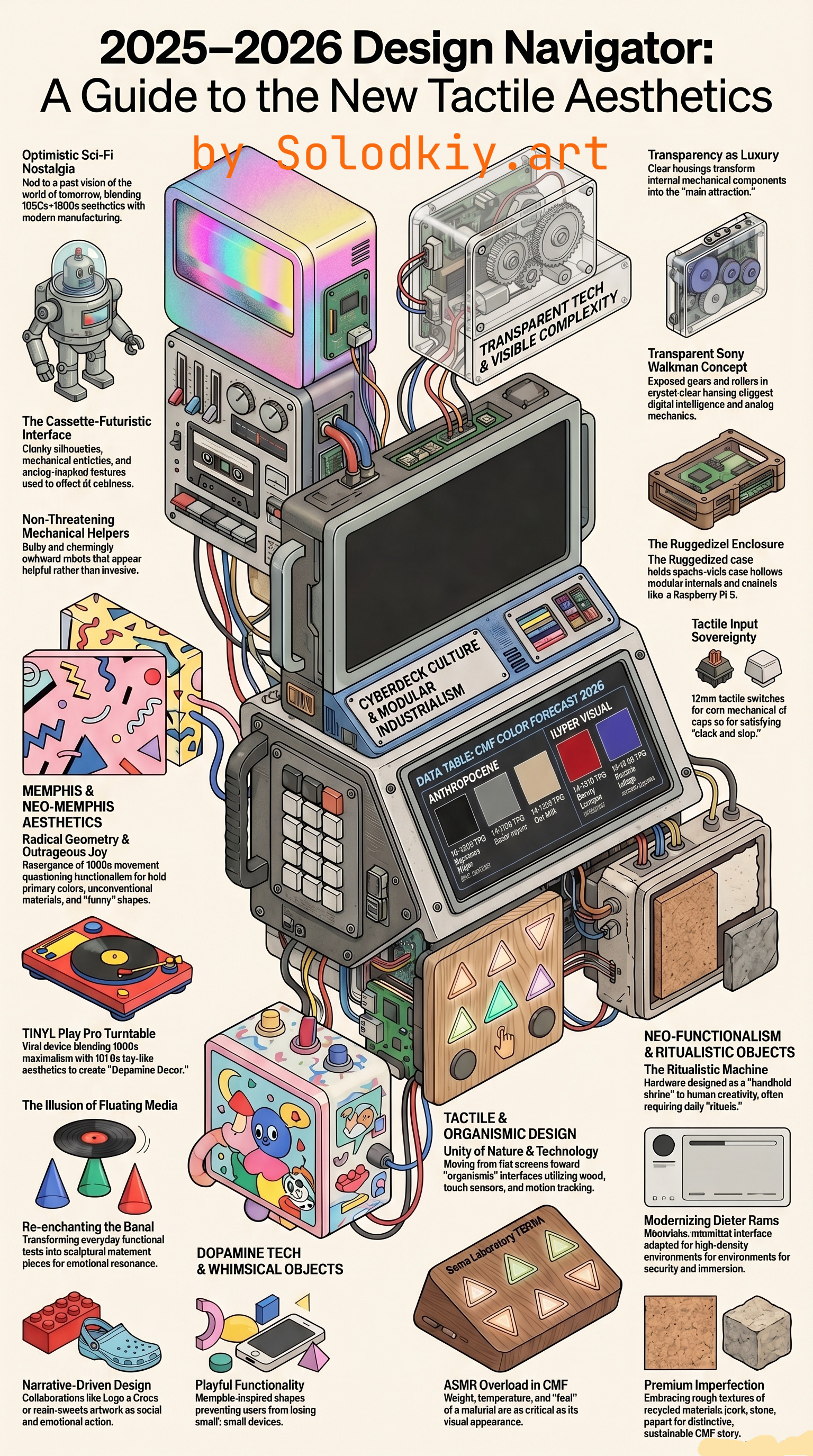 Design navigator collage combining retro-futuristic devices, Memphis geometry, and tactile interfaces.