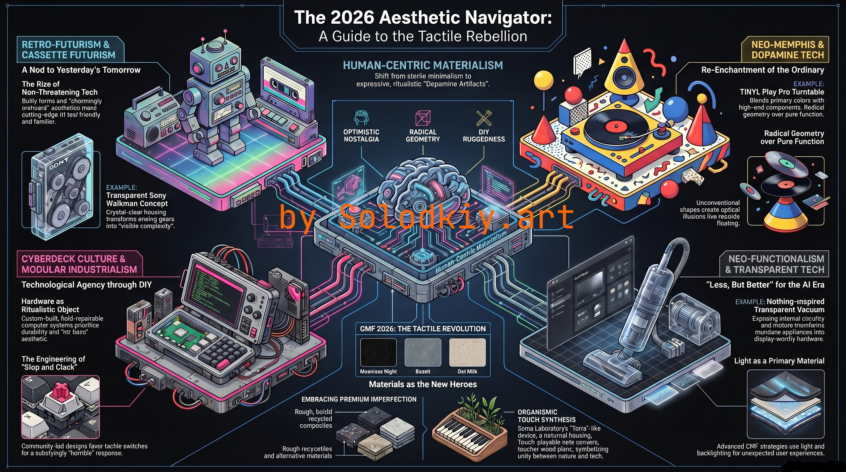 Dark-mode map of retro-futurism, neo-Memphis, and transparent-tech design principles.