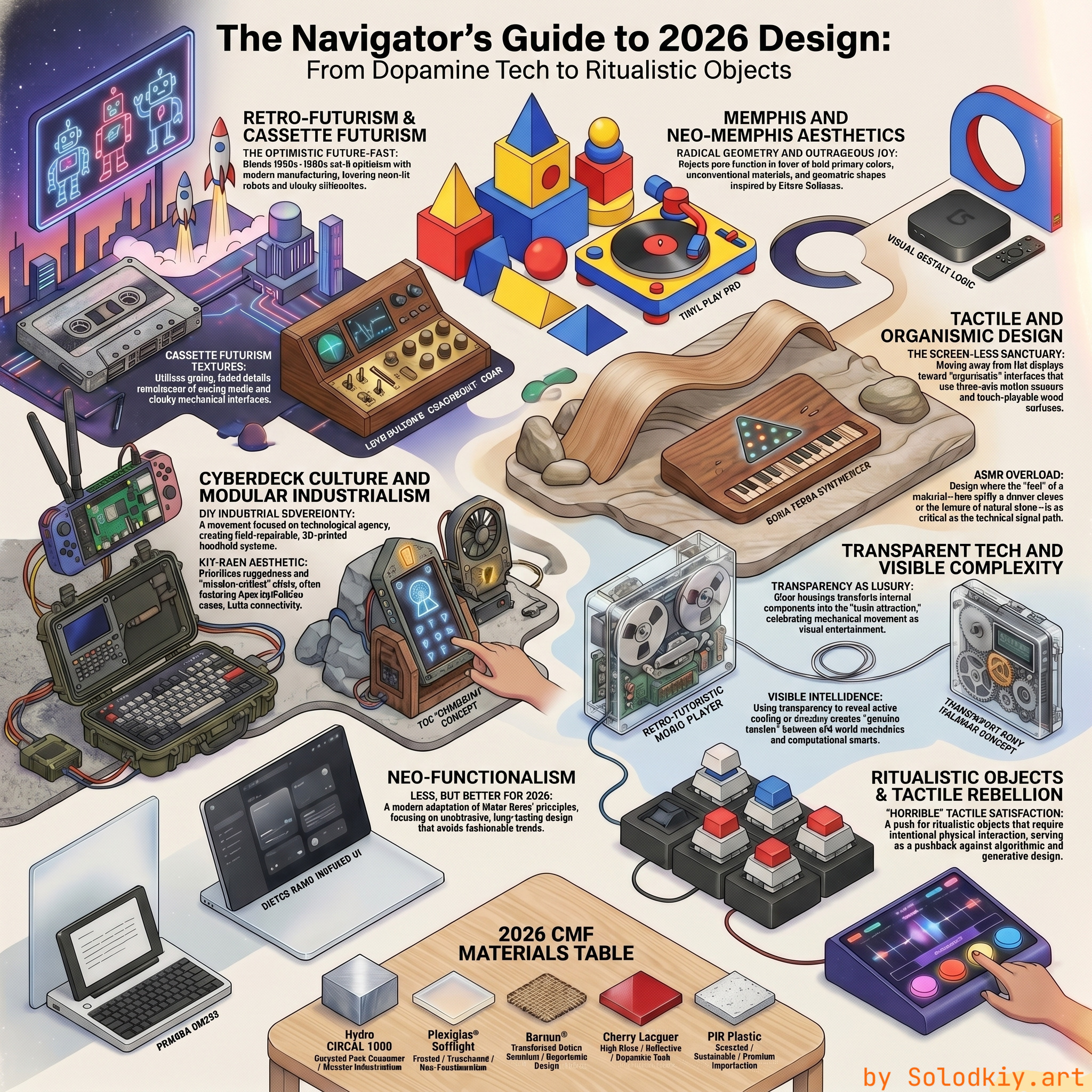 Navigator guide with styles from dopamine tech to ritualistic objects.