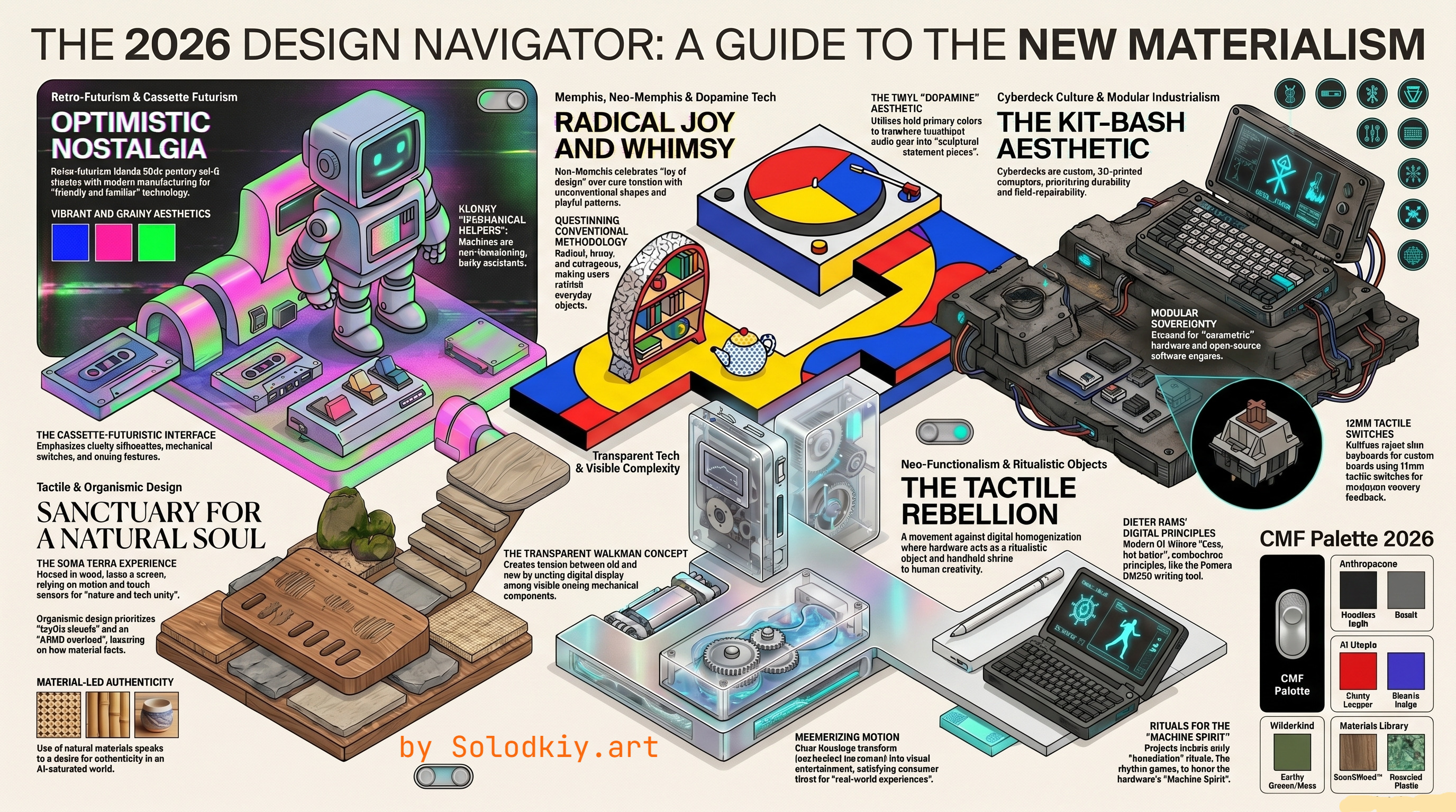 Design map titled New Materialism with visual examples of all key sub-styles.
